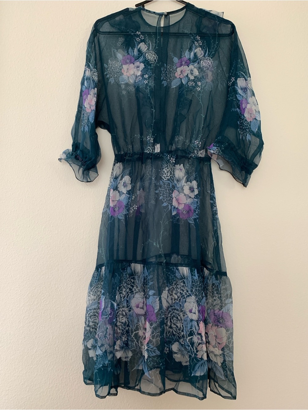 Sheer, Silk, Teal Dress with Ruffles & Flowers - Picture 2 of 8